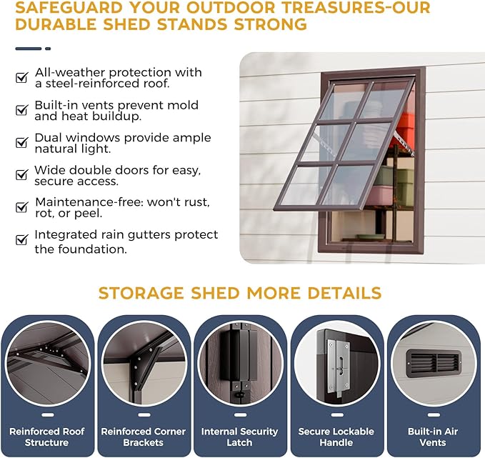 8x8x7.8 Shed with Floor, Heavy-Duty Plastic Resin Sheds & Outdoor Storage, Garden Tool Shed for Backyard, Patio, Bike Storage with Lockable Awning Windows & Reinforced Steel Frame 23-Gauage
