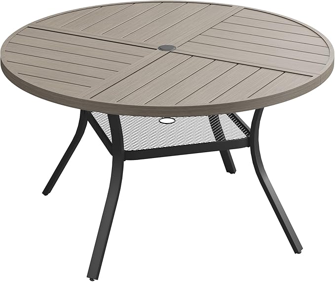 DIFY 47.2" Round Outdoor Patio Dining Table for 6, All-Weather Metal Steel Slatted Patio Table with 1.57" Adjustable Umbrella Hole, for Lawn Garden Porch Backyard, Grey Wood-Like