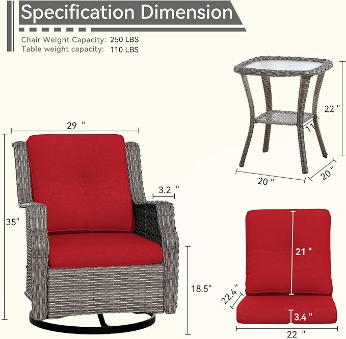 Patio Bistro Set 3 Pieces - Outdoor Swivel Rocker Patio Chair Set of 2 with Matching Tempered Glass Side Table, Cushion Included(Mixed Grey/Red)