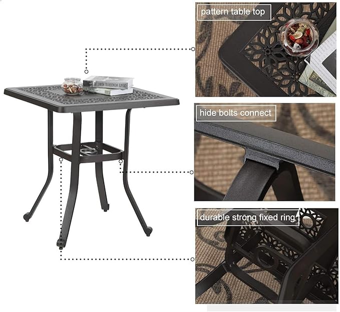 MFSTUDIO Cast Aluminum Patio Dining Set of 2, Retro Design Outdoor Table and Chairs Set with 2×Fixed Chairs and 1×Square Outdoor Table, 3 Piece Patio Set for Backyard Garden