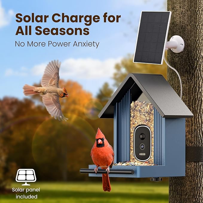 Metal Smart Bird Feeder with Camera, 2.5K UHD Bird Camera AI Identifies 11,000+ Bird's Species, Real-time Bird's Videos & Pictures, Solar Powered Wireless Outdoor, Ideal Gift