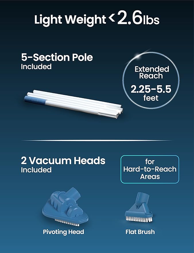 KOKIDO Rechargeable Handheld Hot Tub Spa Pool Vacuum, IPX8, Aluminum Pole and 2 Brush Heads, Ideal for Inflatable, Above Ground & Pools up to 20ft, 60-min Cordless Spot Cleaning Sand and Debris XV110