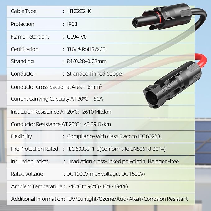 20Feet 10AWG Solar Extension Cable, 10 Gauge Solar Panel Wire with Female and Male Connectors for RV, Off-Grid Photovoltaic Systems(Black+Red)