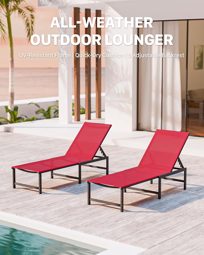 Chaise Lounge Chair Outdoor, Aluminum PatioChairs with 5 Adjustable Backrest and HeadrestPillows for Outside Beach，Red