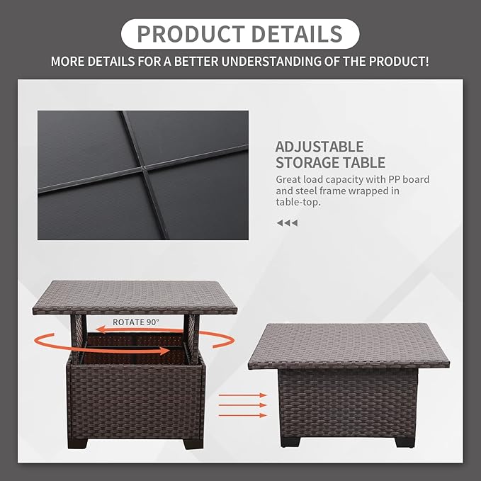 Outdoor Table with Storage Outside Patio Table Wicker Convertible Coffee Table All-Weather Rattan Coffee Table, Brown