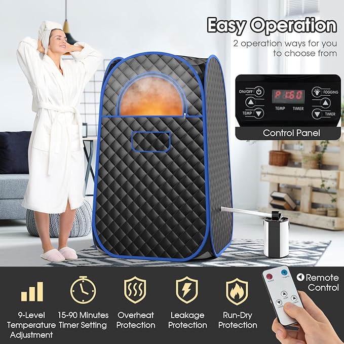 COSTWAY Portable Steam Sauna, Full-Body Personal Sauna Tent w/ 3L Steam Generator, Foldable Chair, Foot Massager, Timer, Remote Control, Indoor Pop-up Sauna Tent for Home Spa Relaxation (Black)