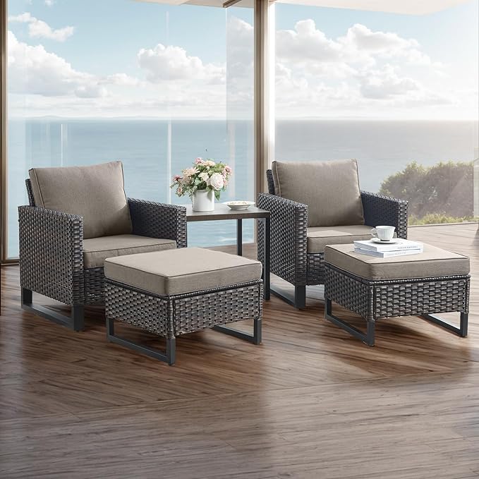 Rilyson Wicker Outdoor Patio Furniture Set - 5 Piece Patio Conversation Set with 2 Wicker Armrest Chairs,2 Rattan Ottoman and 1 Metal Side Table for Outside Porch Deck Backyard Garden(Brown/Grey)
