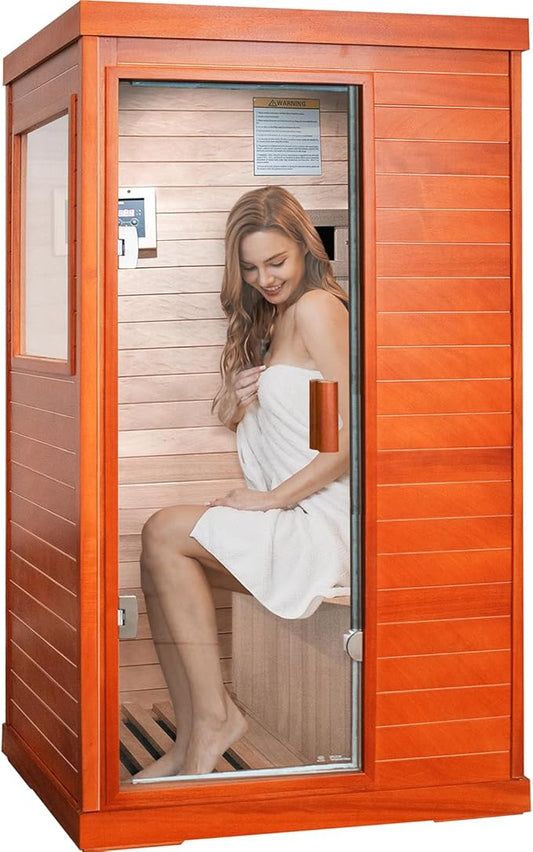 Sauna, Far Infrared Saunas for Home One Person Sauna Okoume Wood 800W/110V Low Emf Dry Sauna Indoor Sauna Room with Tempered Glass Door/Speakers/Air Hole and LED Lighting - 35.2 * 27.6 * 61.6 in