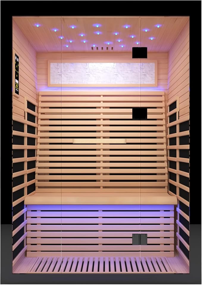Home Sauna Far Infrared Sauna Dry Sauna for 2 Person,7-Colors LED Light Indoor Sauna Room with Low EMF 2160W,10 Minutes Pre-Warm up,Canadian Hemlock Wood