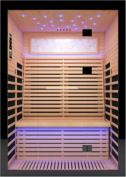 Home Sauna Far Infrared Sauna Dry Sauna for 2 Person,7-Colors LED Light Indoor Sauna Room with Low EMF 2160W,10 Minutes Pre-Warm up,Canadian Hemlock Wood
