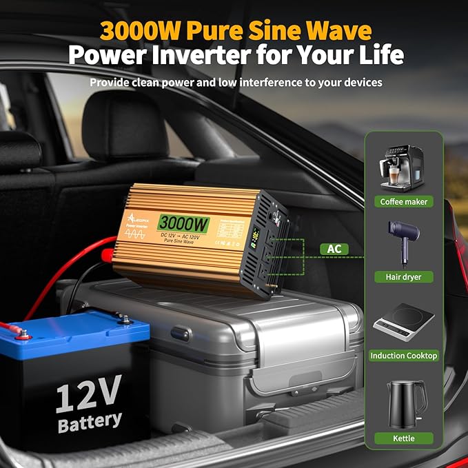 3000 Watt Inverter 12V DC to 110V/120V AC, Pure Sine Wave Inverter for Truck/RV/Home/Solar/Off-Grid, Surge 6000W Pure Sine Power with 3 AC Sockets, 5V 3.4A USB, Digital Display, Remote Controller
