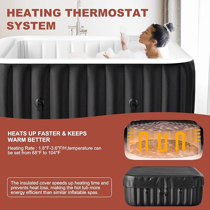LILYPELLE 2-4 Person Inflatable Hot Tub, Large Square Portable Hot Tub with 120 Bubble Jets, Outdoor Spa Set Included Heater Pump, Filter and Spa Cover, 60" X 60" X 25"