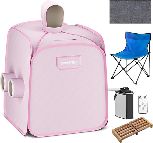 Giantex Portable Folding Sauna, 1 or 2 Person Steam Spa with Remote Control, Folding Chair, Foot Massage Roller, Absorbent Mat, 9 Temperature Levels, 3L Steamer, 800W Home Full Body Spa Tent (Pink)