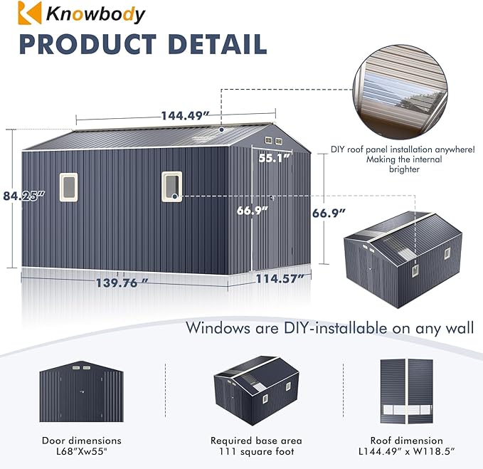 10x12 Metal Shed with Floor Frame Kit, Reinforced Construction - Translucent Roof Panels for Natural Light, Lockable Doors, Vents and Windows, Weatherproof Outdoor Storage for Garden/Backyard/Patio