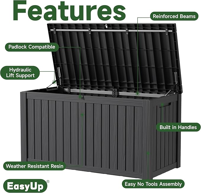 EasyUp 150 Gallon Outdoor Storage Box, Resin Waterproof UV-Resistant Deck Box with Hydraulic Lid Support, Reinforced Stability for Patio, Garden, and Poolside, Striped Black