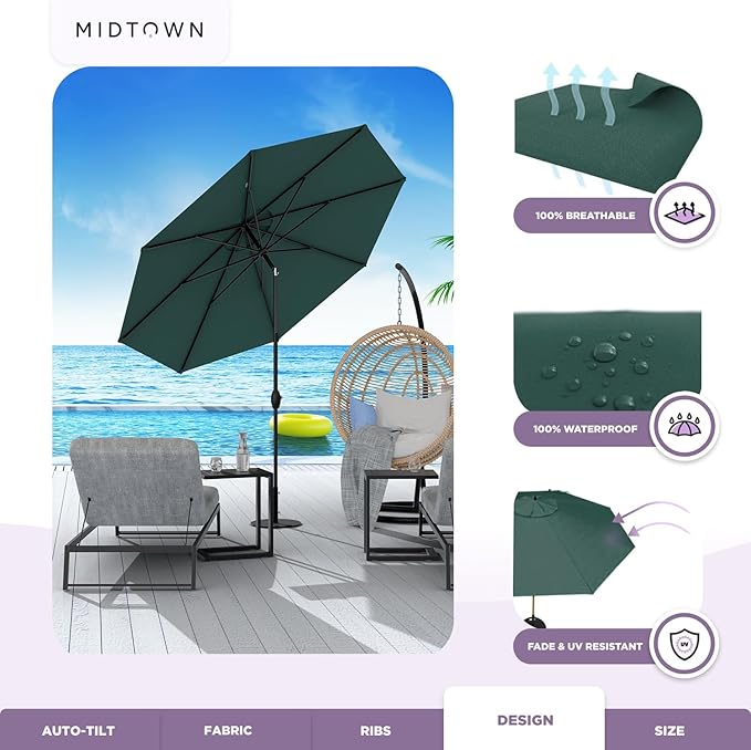 Midtown Umbrellas 10-Year-No-Fade - 8 Ft - UV Proof Forest Green Polyester Fabric - Umbrella Outdoor Patio, Auto-Tilt Aluminum Frame Patio Umbrella for Garden, Pool & Deck - Black Pole