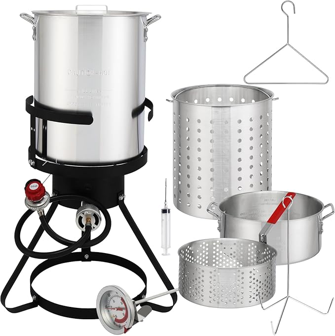 30 Qt Round Turkey Deep Fryer & 10 Qt Fish Fryers,Gas Propane Turkeys Fryer Set,Aluminum Seafood Boil Pot,Turkey Deep Fryers Set,with Propane Gas Burner,for Crab Lobster Shrimp Boiling (Silver)
