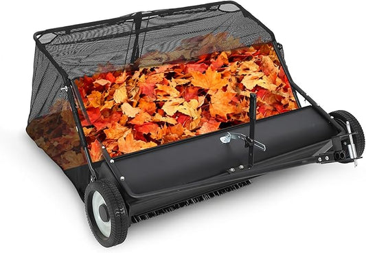 42 in Lawn Sweeper Tow Behind, Pull Behind Yard Sweeper, 21 cu. ft Large Hopper Leaf & Grass Collector, Heavy Duty Garden Sweeper with Adjustable Sweeping Height for Yard, Lawn, Farm