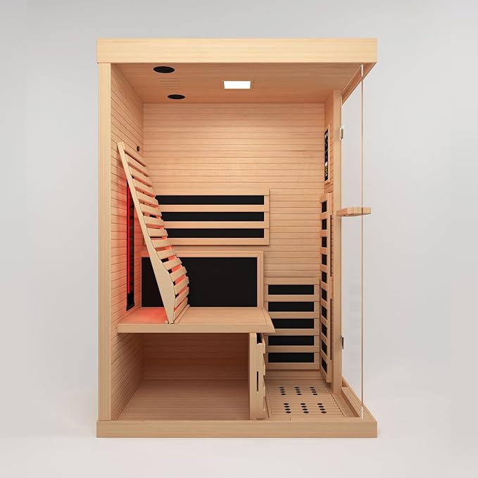 Woodbridge Infrared Home Sauna Room 1 Person Hemlock Wooden Indoor Sauna,7 Carbon 1560W/120V Heaters,with Led Color Therapy Light,Bluetooth Speaker,Tempered Glass,Touch-Tone Keypad and A Top Vent