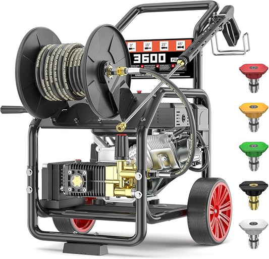 3600 PSI Gas Powered Commercial High Pressure Washer with 212cc 4HP Engine 3.3GPM Electric Start, Includes Hose Reel 50 FT 3/8 inch Hose 5 Quick Connect Nozzles Spray Gun and Wand