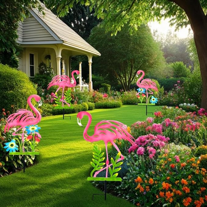 2 Pack Pink Flamingo Garden Statue - 20.5 inch Hand Flamingo Painted Metal Patio Art, Outdoor Decorative Stake Flamingo Statue for Lawn, Patio, Porch and Backyard, Gifts for Ladies (A Style 2 Pack)