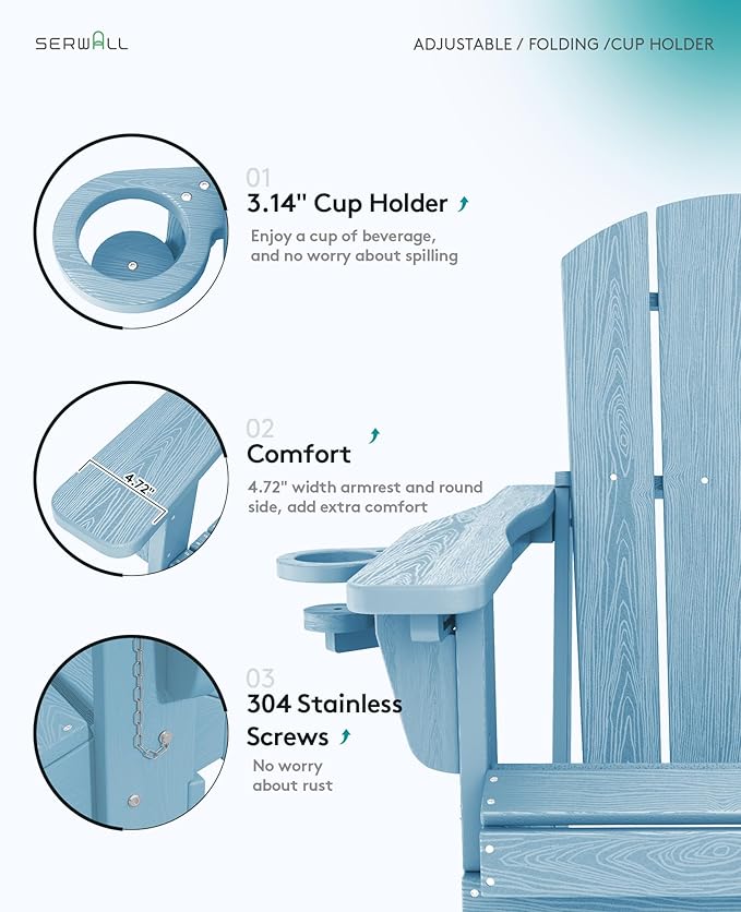 SERWALL Folding Adirondack Chair Set of 4, Adjustable Adirondack Chair with 3 Recline Positions, All Weather HDPE Outdoor Adirondack with Cup Holders, Light Blue