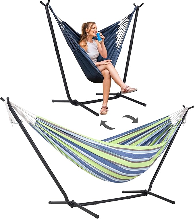 SUNCREAT 2-in-1 Convertible Backyard Fabric Hammock with Stand, Large Hammocks for Outside, Patent Pending, Light Green Stripes