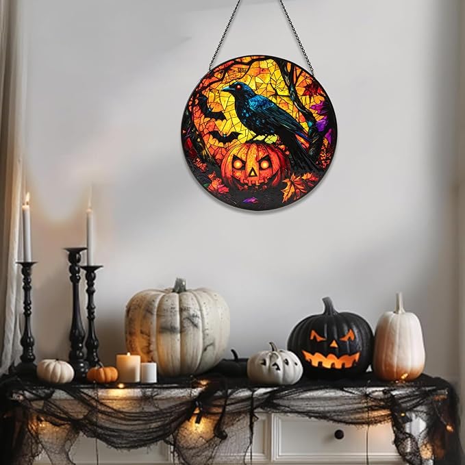 Stained Glass Window Hanging, Halloween Decorations Evil Crow Pumpkin Maple Leaf Suncatcher for Doors Garden Indoor Funny Spooky Sun Catchers Gothic Decor for Women, Men, and Mom 8 in