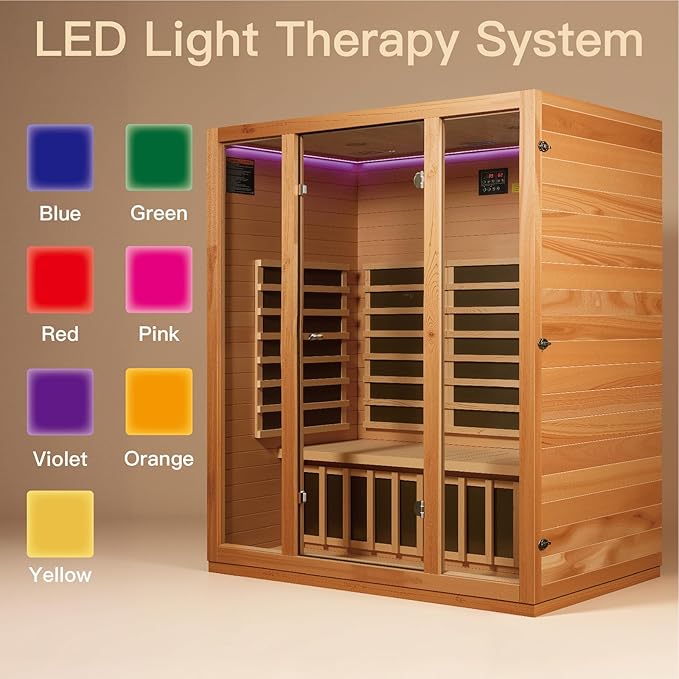 3 Person Infrared Sauna for Home, 1960W/120V, Low EMF Infrared Heater Panels, Chromotherapy Lighting, Personal Home Sauna for Family Relaxation, 59.06" x 35.43" x 74.8"