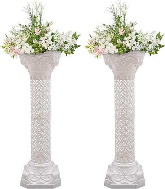 Roman Column Pedestal, Plastic White Columns for Weddings Indoor/Outdoor Roman Pillar Stand for Table Sculptures, Vase, Garden Decor (2PCS, 10.6 x 34.6 Inch Fretwork)