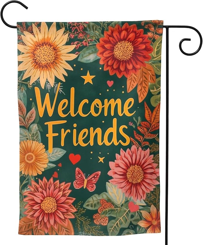Welcome Friend Garden Flag Vertical Double Sided Outdoor Yard Flags 12.5x18 Inch Burlap Banners for House Lawn