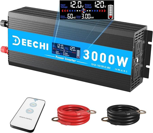 3000 Watt Power Inverter Car/Home 12V DC to 110V/120V AC Converter with 2 AC Outlets, USB & Type-C Port Car Inverter Peak Power 6000W for RV,Truck,Off-Grid Solar System with Remote Controller-Blue