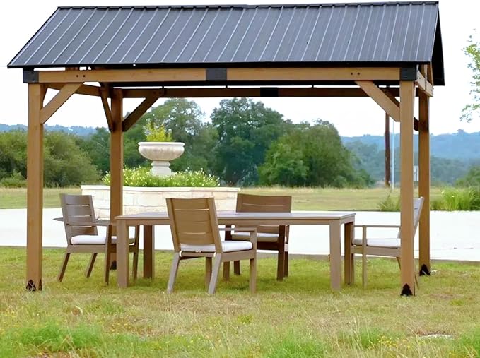 CHARMELEON Wood Gazebo 10x12 FT – Hardtop Metal Roof Patio Cedar Gazebo with Wood Frame for Outdoor– Gable Roof Pavilion para Patio, Backyard, Deck, Lawn and Garden