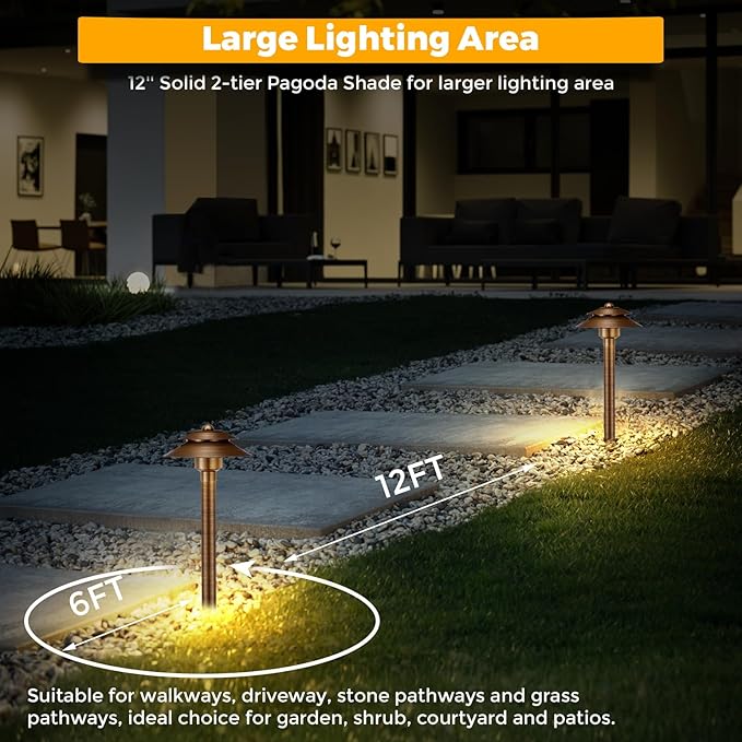 Gardencoin Solid Brass Low Voltage Landscape Pathway Lights (6'' Shade 2-Tier, 19'' Tall), 12V AC/DC LED Heavy Duty Path Lighting Outdoor Wired, Waterproof Bronze Walkway Light Without G4 Bulb,12 Pack