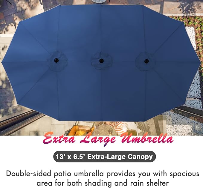 PHI VILLA 7 Pieces Patio Dining Set for 6 with 13ft Large Patio Umbrella, Metal Outdoor Stackable Wrought Iron Chair Set of 6 & 60"X38" Metal Dining Table,Market Table Dark Blue Umbrella