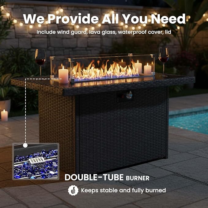 7 Pieces Patio Furniture Sets with Fire Pit Table, Wicker Rattan High Back Outdoor Armchairs Set with 3-Seat Couch, Ottomans and Side Table
