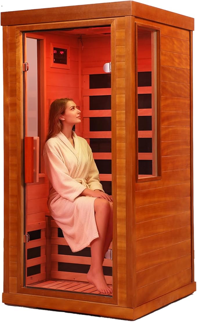Far Infrared Sauna 1170W 110V, Low EMF Infrared Sauna with Red Light Therapy, Carbon Fiber Infrared Saunas 1 Person W/Bluetooth Speakers/Control Panel for Basement/Home Gym/Bathroom