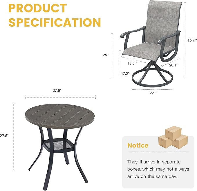 VICLLAX Patio Dining Set for 2, 3 Pieces Outdoor Furniture Includes 27.5" Small Round Patio Table and 2 Outdoor Swivel Chairs for Lawn Garden, Grey Wood Grain Tabletop and Grey Fabric