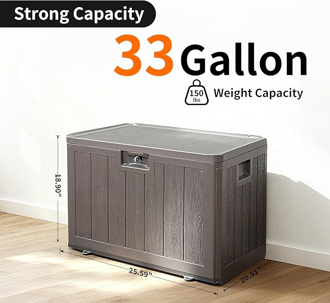33 Gallon Deck Box Outdoor Watherproof Storage Cabinet for Outdoor Indoor Use,Lockable Storage Box for Package Delivery,Patio Furniture,Pool and Garden Accessories,Dark Brown