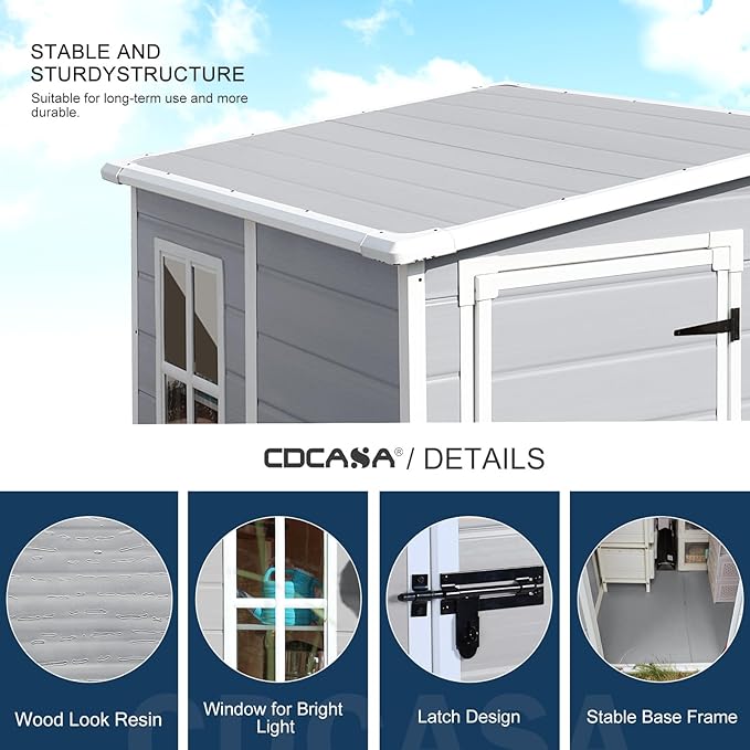 CDCASA 5x4 FT Resin Storage Shed, Waterproof Outdoor Shed with Floor & Window & Lockable Door Included, Outside Plastic Tool Sheds for Garden, Patio, Backyard, Lawn, Light Gray