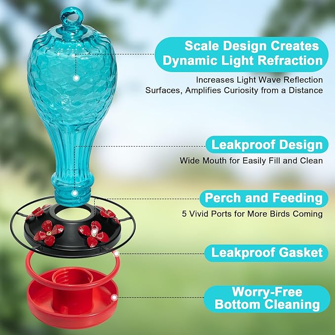 Hummingbird Feeder - Hand Blown Glasss Hummingbird Feeders for Outdoors Hanging with Ant Moat, Never Fade, Garden Backyard Decoration, for Women Mom Dad (Blue)