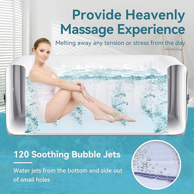 2-4 Person Inflatable Hot Tub, Large Square Portable Blow up Hot Tub, Leak-Proof PVC Outdoor Spa with 120 Air Jets, Insulated Cover and Heater Pump, 60” X 60” X 25”