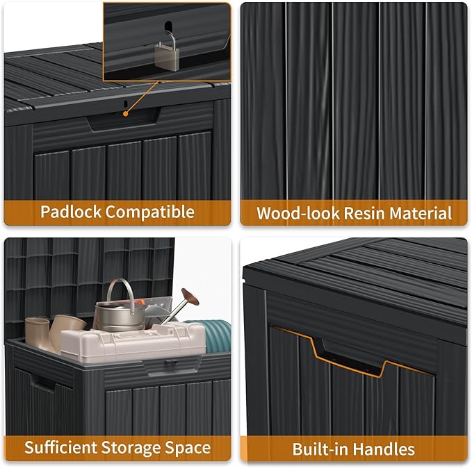 Vixzen 28 Gallon Outdoor Deck Box,Lockable Resin Waterproof Storage Box,UV Resistant,Weather Resistance,Outside Storage Bin for Gardening Tools,Pool Supplies,Black