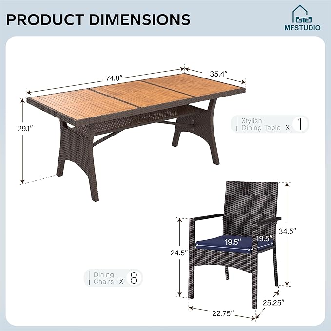 MFSTUDIO Patio Dining Sets for 6, Outdoor Table and Chairs, 74’’ Wood Top Rectangular Table Set with Chairs, 7 Pieces Patio Outdoor Dining Furniture Set, Deck, Backyard, Porch