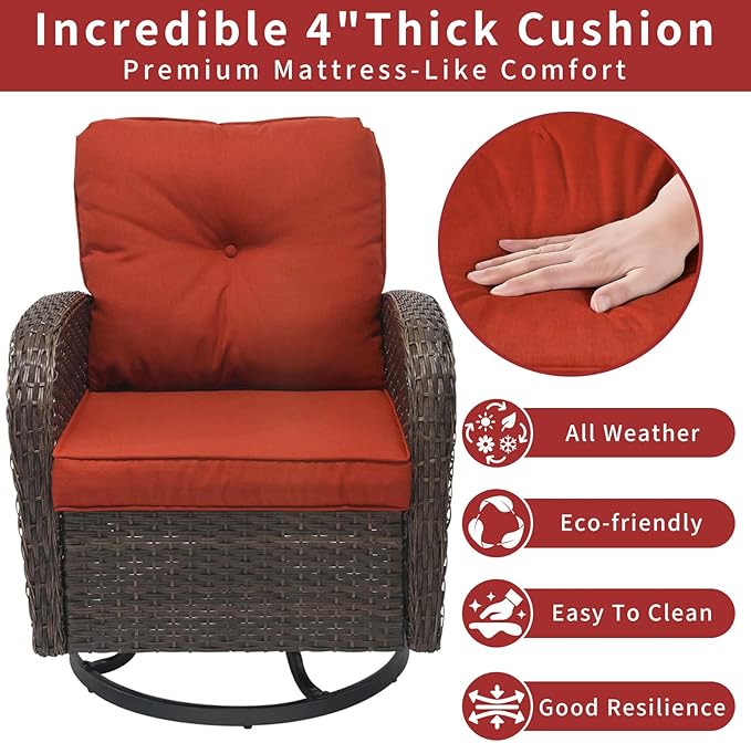 3 Pieces Patio Furniture Set, Outdoor Swivel Rocking Chair Set of 2 with Side Table - 360° Swivel, Thick Cushions, All-Weather Bistro Set for Deck, Porch, Pool(Red, Brown Full-Weave Rattan)