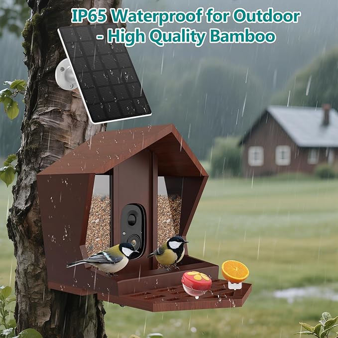 Smart Bird Feeder with Camera Solar Powered AI Identification 10,000+ Bird 2K UHD Video Live Instant Arrival Alerts and Real-Time Motion Detection Weatherproof Bamboo for Outdoor Birds Lovers