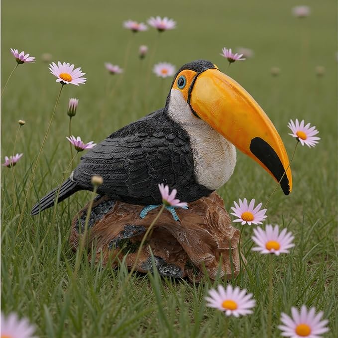 Elenon Toucan on Stump Garden Statue Decorative, Adorable Flower Bed 11 inch High Lifelike Bird Animal Outdoor Decor, Funny Yard Patio Art Sculptures Table Ornament, Yellow Mouth