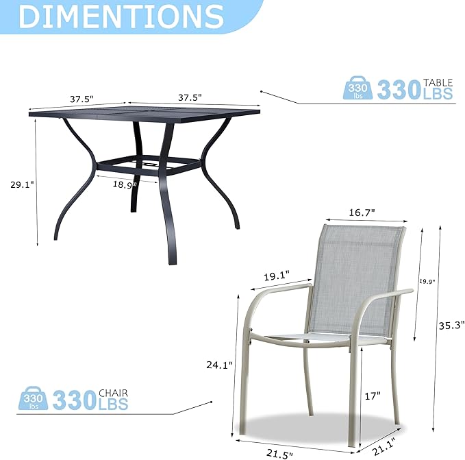 5 Pieces Sqaure Dining Table Set for 4, Patio Dining Set Includes 4 Beige Blue Stackable Patio Chairs and 1 Black Mesh Square Table, Patio Furniture Sets with Sling Support for Outside, Garden