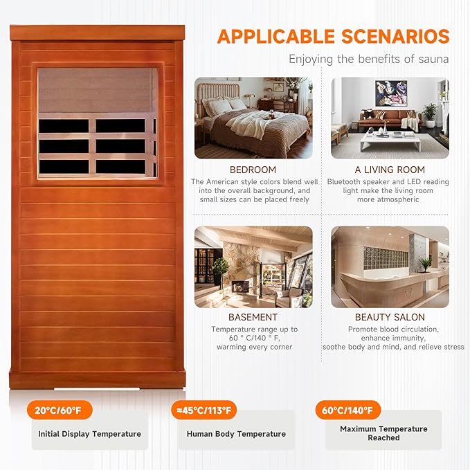 Sauna, 1 Person Infrared Sauna Home Spa Wood 800W Low-EMF Indoor Dry Saunas 5 Ultra-Low Energy Saving Heating Panels, Built-in Control Panel, Speakers, Reading Lights and Circulation Vents