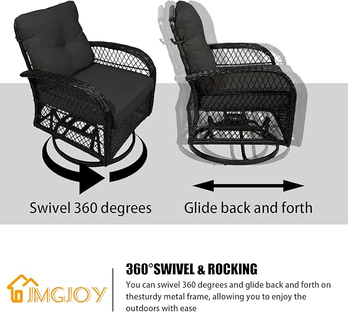 Patio Furniture Set Swivel Rocker, Outdoor Patio Chairs, 3 Piece Suit Porch Furniture Rocking Set, Backyard and Garden Rocker Rattan Chair, with Thickened Cushions and Glass Coffee Table(Grey)